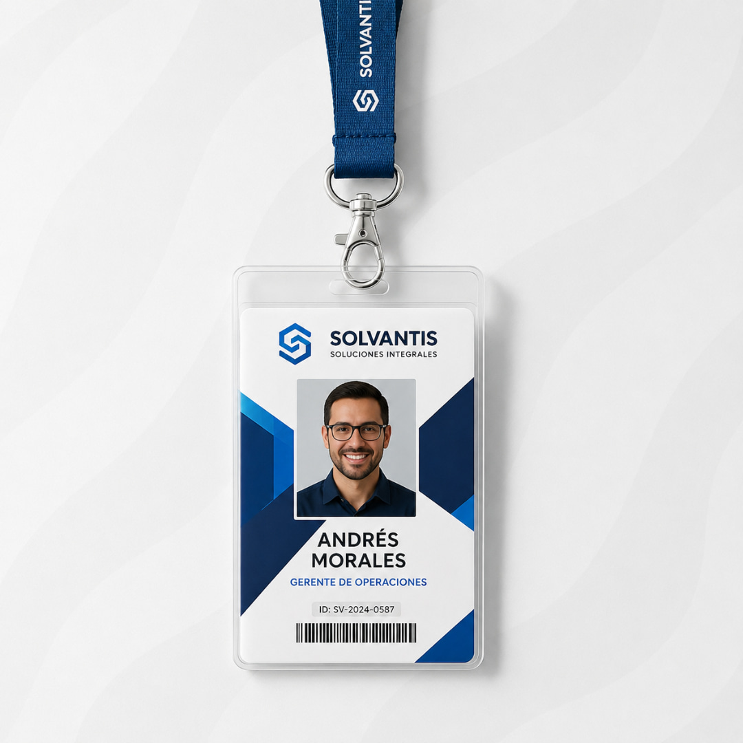 Carnet de identificación personalizado con lanyard azul y foto de empleado, ideal para control de acceso