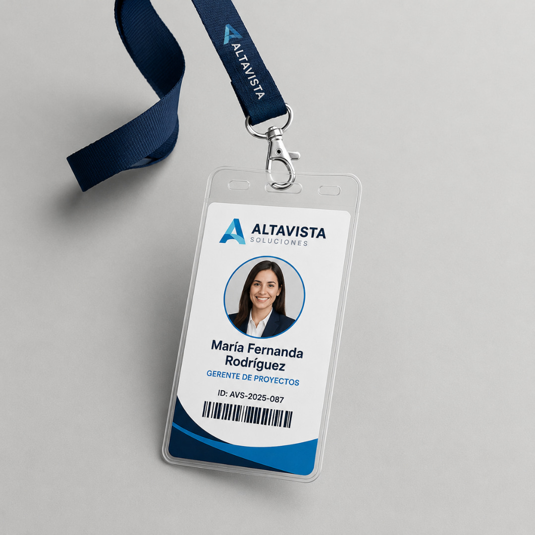 Carnet de identificación personalizado con lanyard oscuro y foto de empleada, ideal para uso corporativo