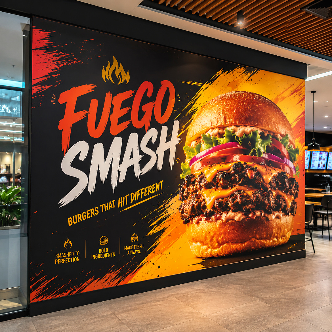 Fotomural adhesivo de gran formato instalado en un muro de centro comercial, con branding de un restaurante y promoción de una nueva hamburguesa