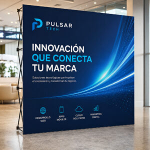Pop Up recto publicitario personalizado con gráfica impresa de gran formato, instalado para exhibiciones, ferias y eventos
