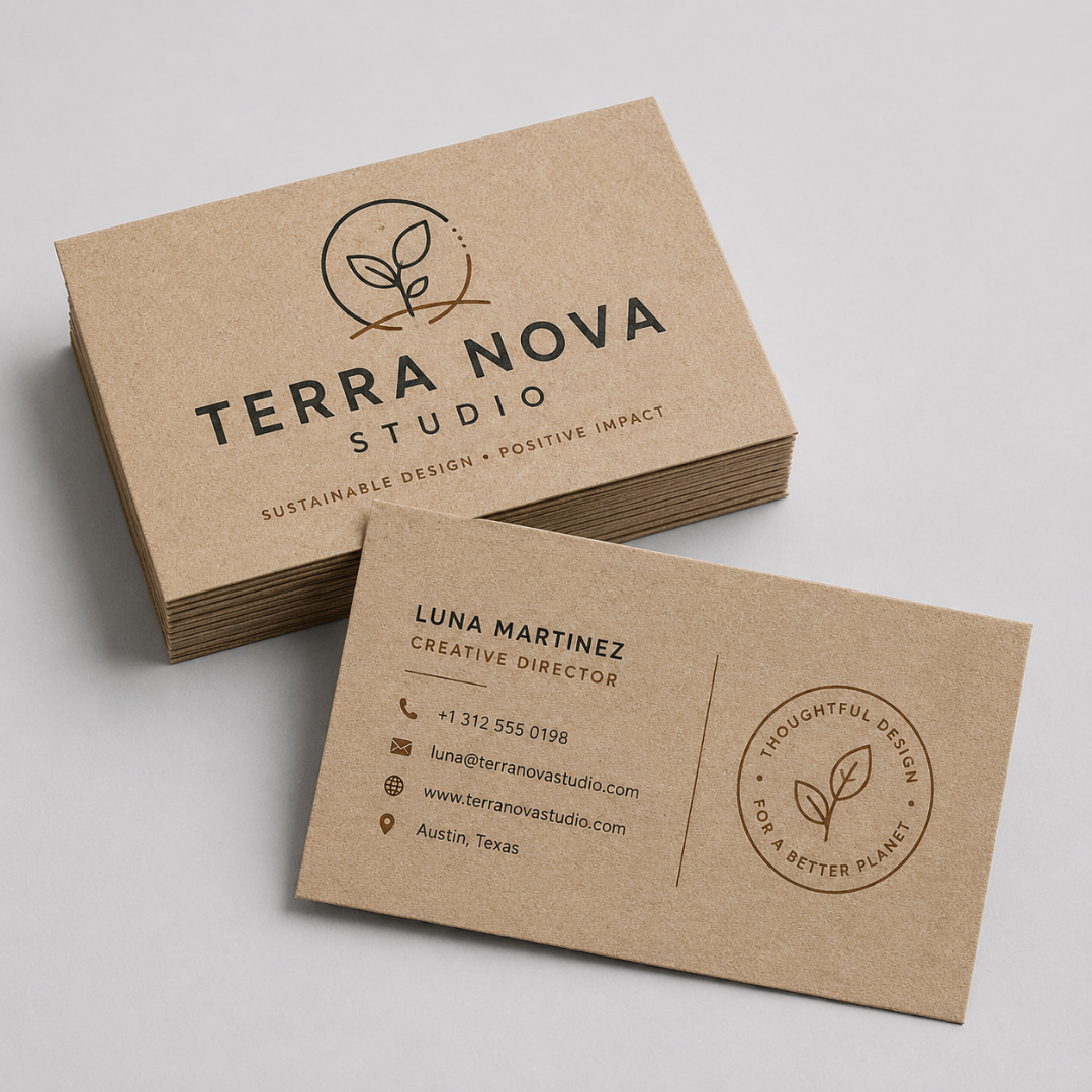 Tarjetas de presentación ecológicas en cartón reciclado con diseño corporativo impreso a color