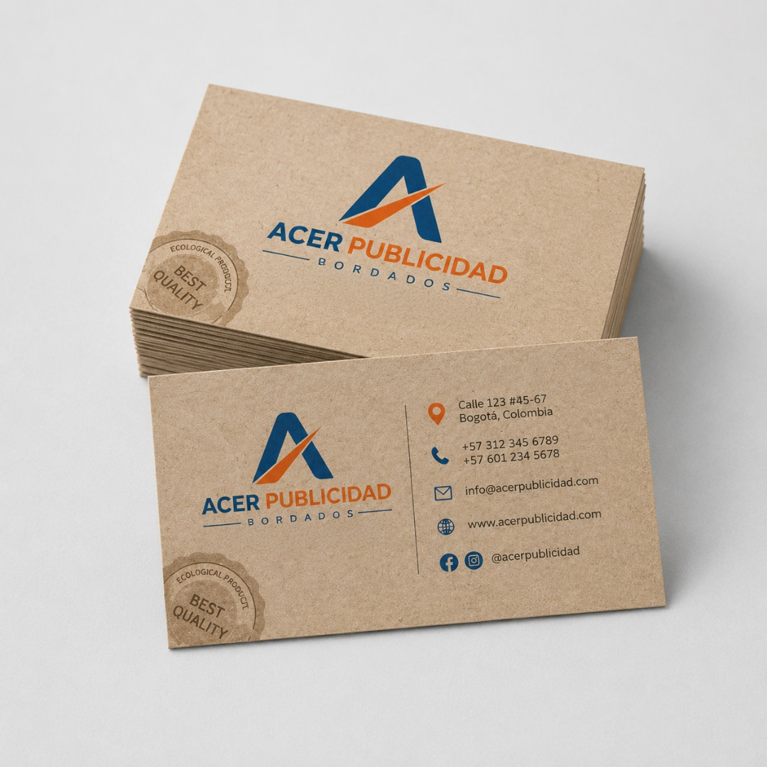 Tarjetas de presentación ecológicas en papel kraft reciclado, impresas con logotipo y datos de contacto