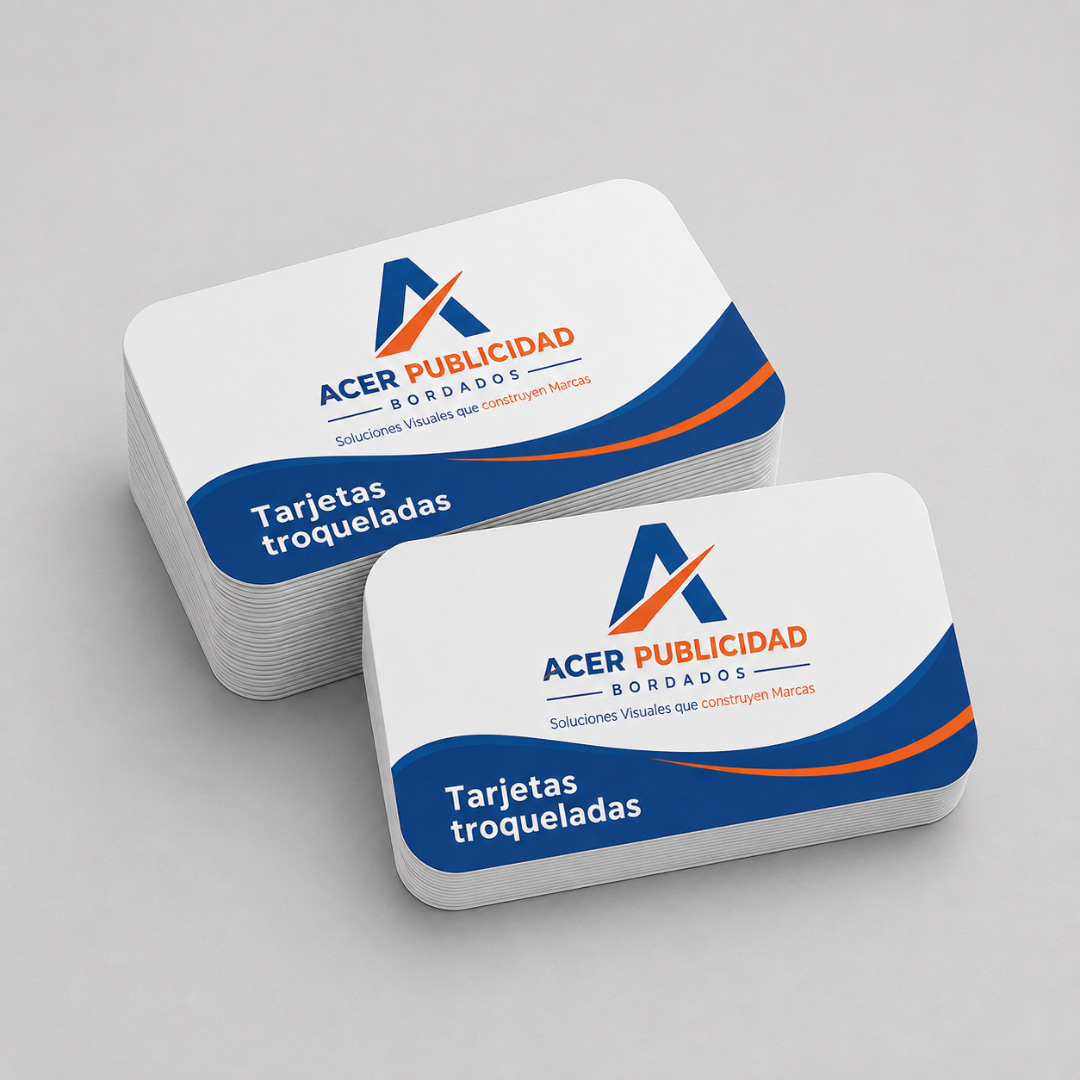 Tarjetas de presentación troqueladas con esquinas redondeadas, impresas a todo color con diseño corporativo