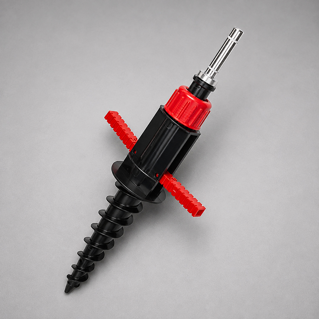 Tornillo para tierra suelta usado como base de bandera, vista completa