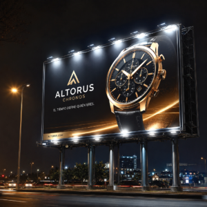 Valla publicitaria iluminada de noche con anuncio de relojes Altorus